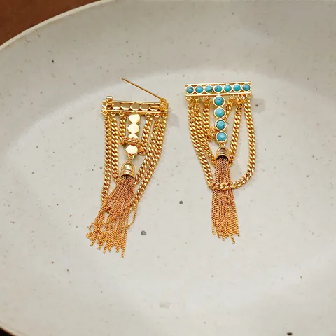 Vintage T-Shape Long Tassel Brooch Synthetic Turquoise Black Agate Men Women Gold Plated Copper Geometric Accessories