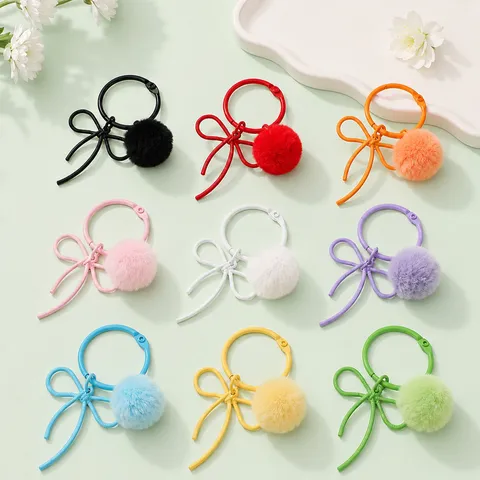 Bunter Schleife Metallring Pompom Schlüsselanhänger Süßer DIY Tasche Anhänger Zubehör Handtasche Charms Schmuck Geschenk Für Damen