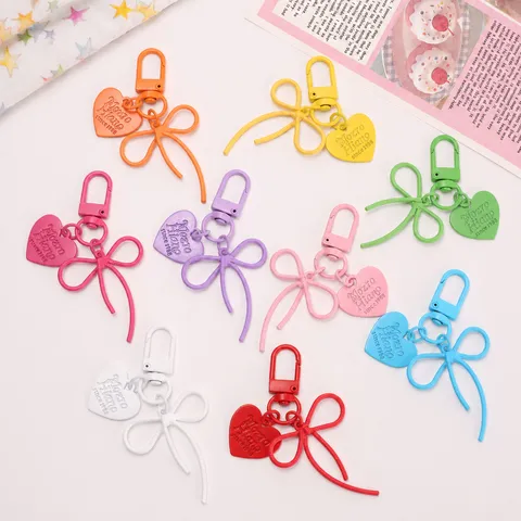 Alloy Hollow Bow Knot With Colorful Love Heart Tag Keychain DIY Bag Charm Cute Pendant Key Ring For Women