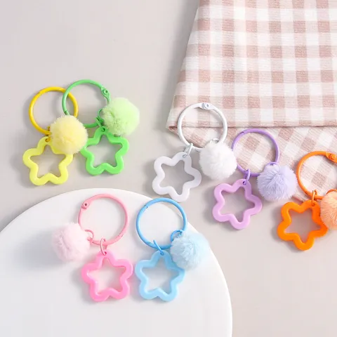 Colorful Pentagram Star Plush Ball Keychain Cute Fresh Resin Acrylic Keyring Bag Pendant DIY Hanging Ornament Gift