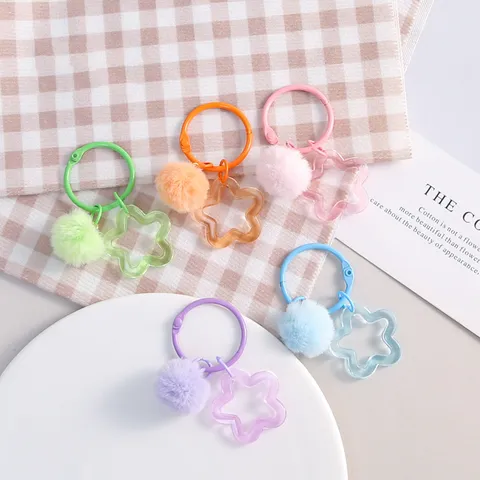 Colorful Pentagram Star Plush Ball Keychain Cute Fresh Resin Acrylic Keyring Bag Pendant DIY Hanging Ornament Gift