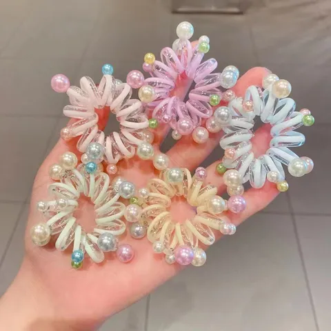 Koreaans Stijl Transparante Telefoondraad Haarelastiekjes Kleurrijke Kralen Kunstparel Haartouwen Hoge Elasticiteit Haaraccessoires Voor Vrouwen Dagelijks