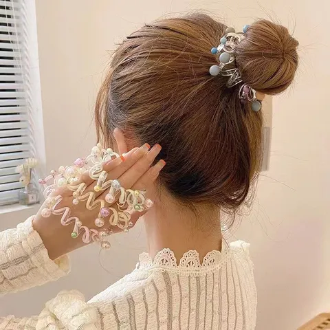 Koreaans Stijl Transparante Telefoondraad Haarelastiekjes Kleurrijke Kralen Kunstparel Haartouwen Hoge Elasticiteit Haaraccessoires Voor Vrouwen Dagelijks