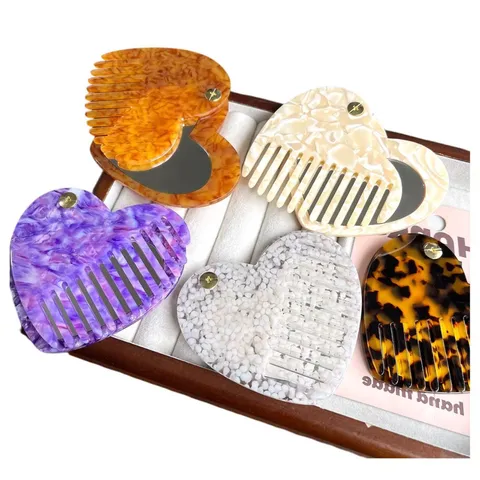 Pettine per Capelli in Acetato Portatile Con Specchio Tartarugato Stampa Leopardata Trucco Compatto Tascabile per Donna Strumento di Bellezza Quotidiano