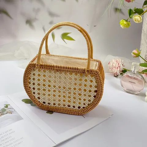 Borsa a Mano Intrecciata in Rattan Fatta a Mano Vintage Francese Paglia Borse per Donna Vacanze Spiaggia Viaggi Estate