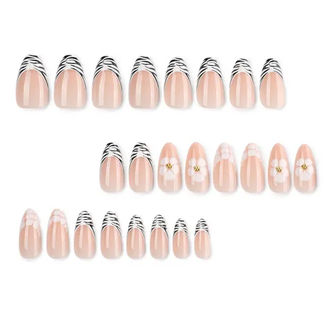 French Zebra Stripe Almond Press On Nails With White Flower Design Nude Fake Nails For Women Daily DIY Nail Art