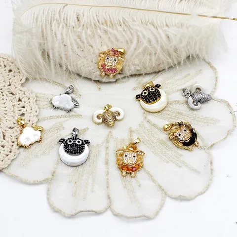 DIY Schaap Hanger Koper 18K Verguld Strass Parelmoer Dierenriem Lam Charms Voor Oorbel Ketting Sieraden Maken