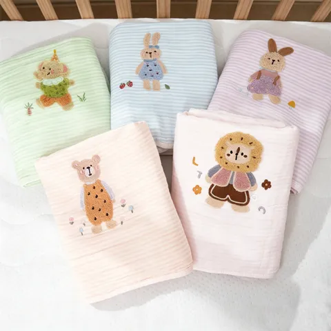 Soft Cotton Gauze Baby Bath Towel Cartoon Embroidery Breathable Infant Cover Blanket Toddler Daily Sleeping Quilt