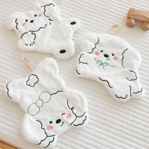 Cute Cartoon Coral Fleece Hanging Hand Towel Embroidered Animal Absorbent Kitchen Bathroom Washcloth Fast Dry Towel