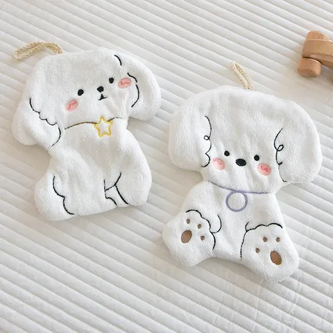 Cute Cartoon Coral Fleece Hanging Hand Towel Embroidered Animal Absorbent Kitchen Bathroom Washcloth Fast Dry Towel