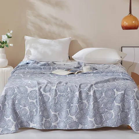 100% Cotton 3-Layer Gauze Blanket Adult Summer Quilt Soft Breathable Floral Rose Bed Blanket Home Bedroom Bedding