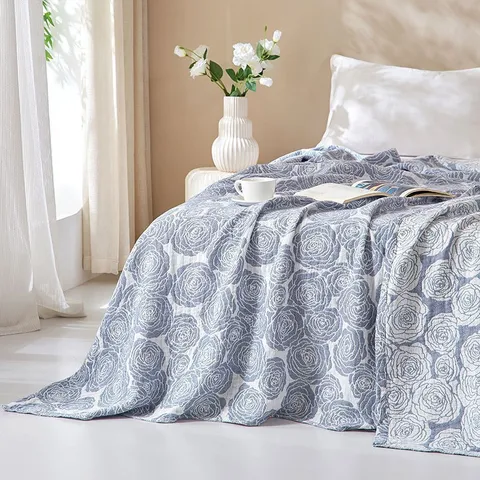 100% Cotton 3-Layer Gauze Blanket Adult Summer Quilt Soft Breathable Floral Rose Bed Blanket Home Bedroom Bedding