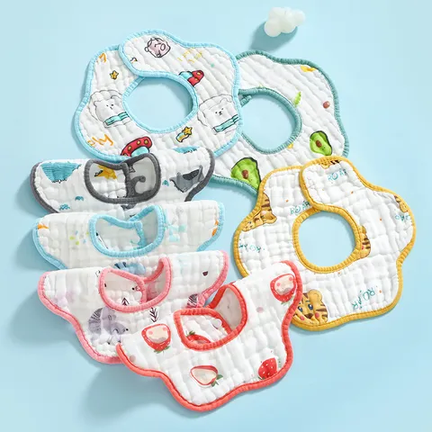 Infant Cotton Bib Cute Cartoon Print Waterproof Baby Saliva Towel Newborn 8-Layer Thickened Petal Shaped Baby Bibs