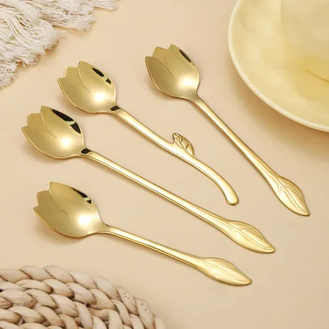 304 Stainless Steel Rose Flower Spoon Long Handle Mixing Spoon Gold Silver Coffee Spoon Dessert Spoon
