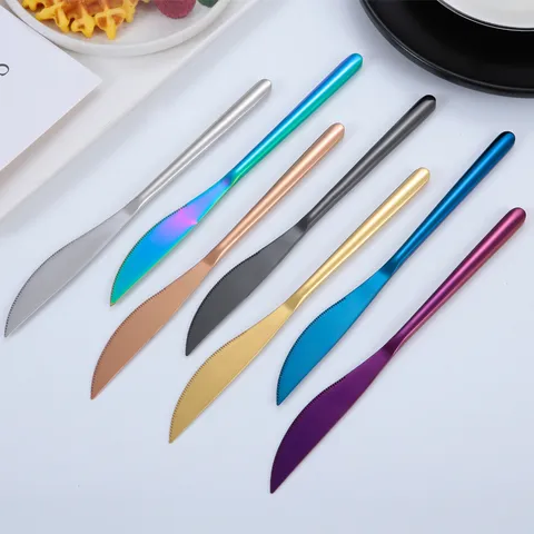 Cuchillo para Chuleta de Acero Inoxidable Revestido de Titanio Estilo Coreano Cuchillo de Mesa Pulido Espejo Borde Dentado Para Hogar