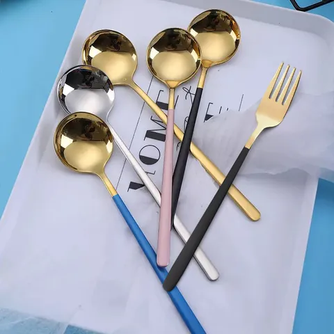 Stainless Steel Long Handle Round Spoon And Fork Modern Minimalist Mirror Polished Tableware Kitchen Dining Tool