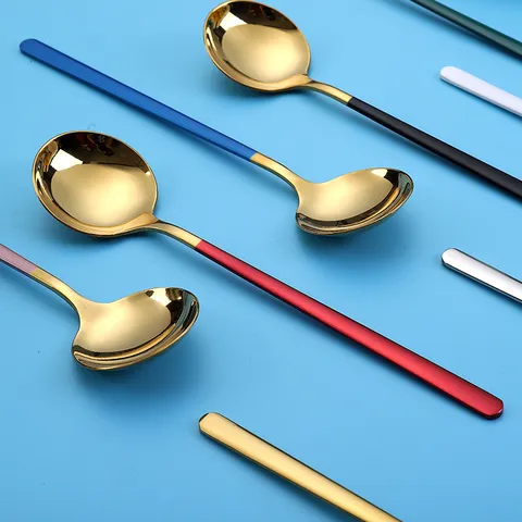 Stainless Steel Long Handle Round Spoon And Fork Modern Minimalist Mirror Polished Tableware Kitchen Dining Tool