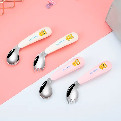 Stainless Steel Children Fork And Spoon Cute Cat Pattern Portable Baby Feeding Tableware Toddler Cutlery Set