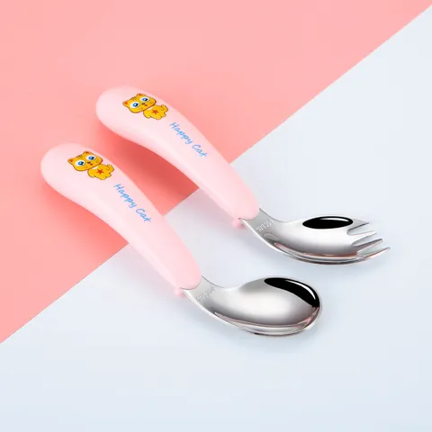 Stainless Steel Children Fork And Spoon Cute Cat Pattern Portable Baby Feeding Tableware Toddler Cutlery Set
