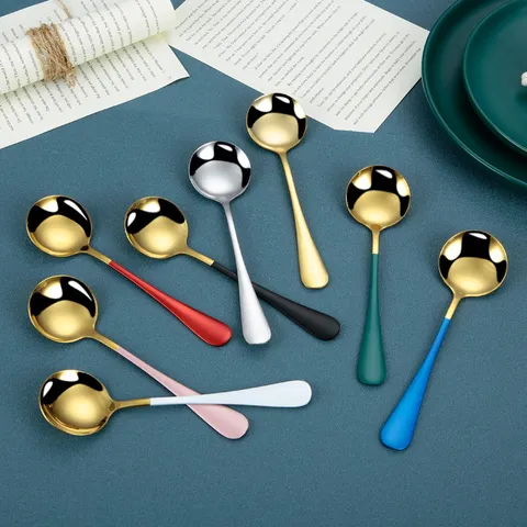 Stainless Steel Round Head Spoon Creative Colorful Handle Dessert Ice Cream Spoon Kitchen Dining Tableware