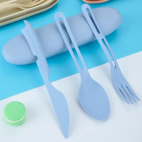 Portable Wheat Straw Tableware Set With Box Fork Spoon Knife Eco Friendly Reusable Travel Cutlery Set For Kids Adult