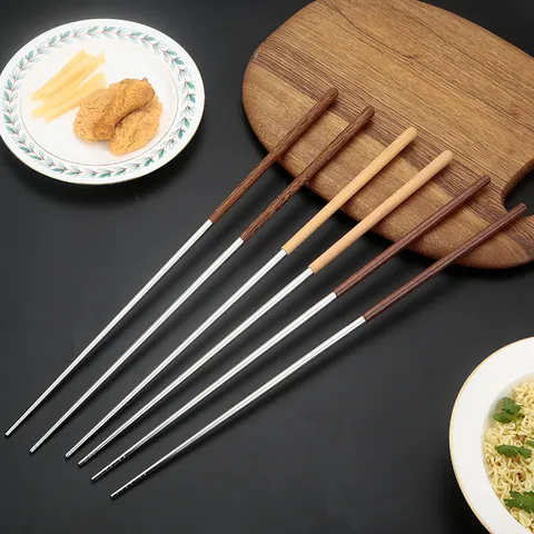 304 Stainless Steel Chopsticks Long Cooking Chopsticks With Wood Handle Heat Resistant Non Slip Chopsticks For Kitchen