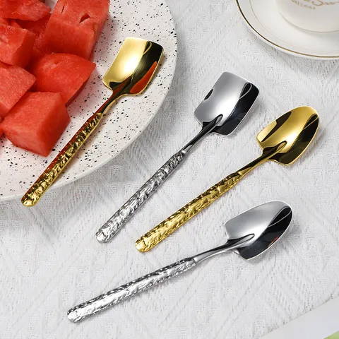 Stainless Steel Watermelon Shovel Spoon Stone Texture Handle Pointed Square Fruit Dessert Cake Spoon Kitchen Tableware