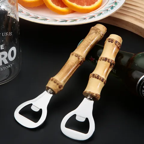 Natural Wooden Handle Bottle Opener Stainless Steel Portable Beer Bottle Opener Multifunctional Kitchen Bottle Opener