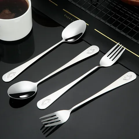 Stainless Steel Smiley Face Dinner Fork And Spoon Portable Cute Cartoon Cutlery Tableware Set For Kitchen Dining Camping