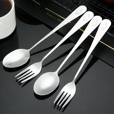 Stainless Steel Smiley Face Dinner Fork And Spoon Portable Cute Cartoon Cutlery Tableware Set For Kitchen Dining Camping