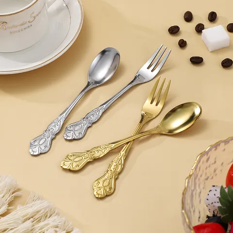 Vintage Court Embossed Stainless Steel Coffee Spoon Dessert Fruit Fork Elegant Relief Pattern Tableware Kitchen Dining Tool