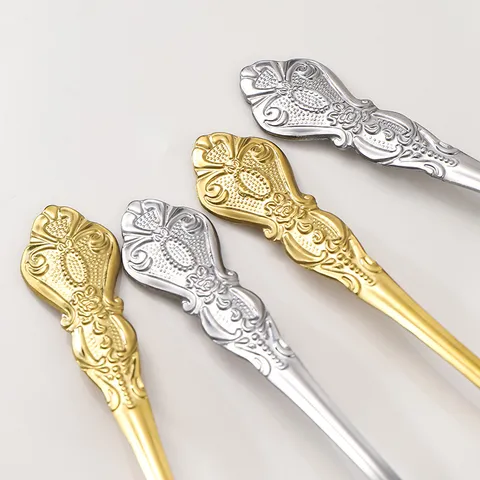 Vintage Court Embossed Stainless Steel Coffee Spoon Dessert Fruit Fork Elegant Relief Pattern Tableware Kitchen Dining Tool