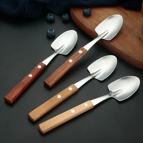 Stainless Steel Shovel Spoon Wooden Handle Dessert Spoon Creative Ice Cream Watermelon Spoon Tableware Dining Kitchen Tool