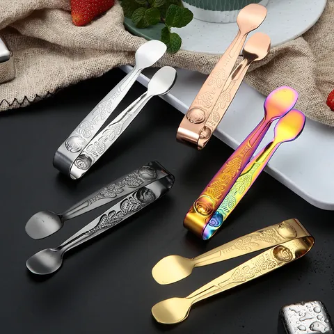 Vintage Rose Embossed 304 Stainless Steel Ice Tongs Sugar Cube Clip Lemon Clip Metal Tweezers For Bar Kitchen