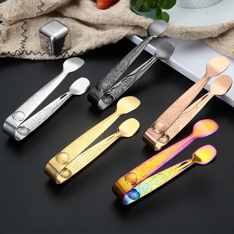 Vintage Rose Embossed 304 Stainless Steel Ice Tongs Sugar Cube Clip Lemon Clip Metal Tweezers For Bar Kitchen