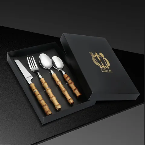 304 Stainless Steel Tableware Natural Bamboo Handle Steak Knife Fork Spoon Dessert Cutlery Set Kitchen Dining