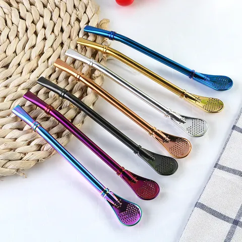 304 Stainless Steel Straw Spoon Filter Spoon Colored Stirring Spoon For Coffee Milk Tea Reusable Drinking Straw