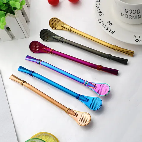304 Stainless Steel Straw Spoon Filter Spoon Colored Stirring Spoon For Coffee Milk Tea Reusable Drinking Straw