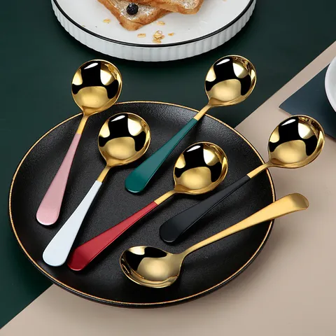 Stainless Steel Round Spoon Korean Style Dessert Melon Spoon Gold Silver Color Handle Kitchen Dining Tableware
