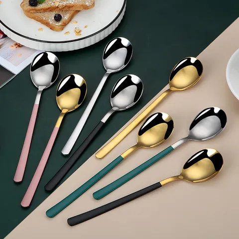 Stainless Steel Long Handled Spoon Korean Style Dessert Western Tableware Home Kitchen Coffee Mixing Watermelon Spoon