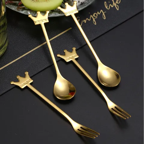 Creative Crown Stainless Steel Spoon And Fork Dessert Coffee Mixing Spoon Golden Cutlery