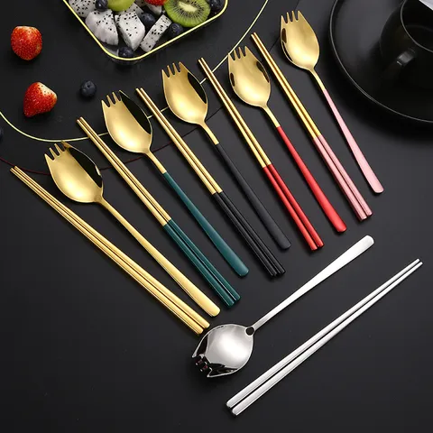 304 Stainless Steel Fork Spoon Chopsticks Tableware Set Portable Korean Style Steak Salad Cutlery Set With Gift Box