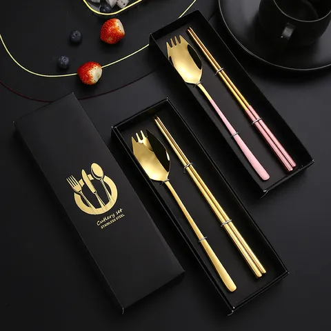 304 Stainless Steel Fork Spoon Chopsticks Tableware Set Portable Korean Style Steak Salad Cutlery Set With Gift Box
