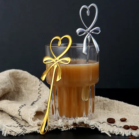 304 Stainless Steel Coffee Spoon Creative Heart Bow Hanging Edge Stirring Spoon Gold Silver Cutlery Tableware