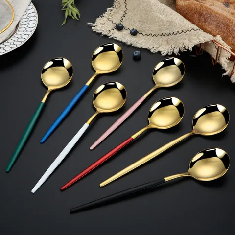 Stainless Steel Portuguese Style Dinner Spoon Mirror Polished Golden Round Soup Spoon Tableware Kitchen Dining Utensils