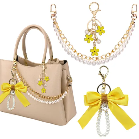 Ciondolo per Borsa Chic Perla Doppia Catena Carino Fiocco Fiore Borsa Ciondolo Cinturino Anti-smarrimento Portachiavi Accessori per Borsa da Donna