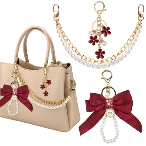 Ciondolo per Borsa Chic Perla Doppia Catena Carino Fiocco Fiore Borsa Ciondolo Cinturino Anti-smarrimento Portachiavi Accessori per Borsa da Donna