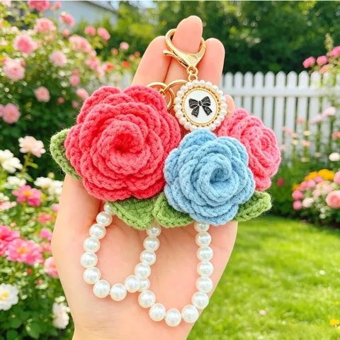 Handgemachte Geknüpfte Rosenblüte Schlüsselanhänger Mit Künstlicher Perlenkette Niedlicher Blumen Taschsenanhänger Vintage Geldbörsen Anhänger Geschenk