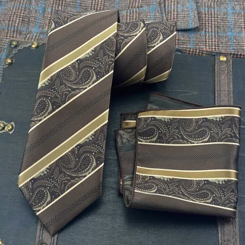 Men's Retro Paisley Jacquard Necktie And Pocket Square Set Vintage Business Wedding Formal Suit Polyester Tie
