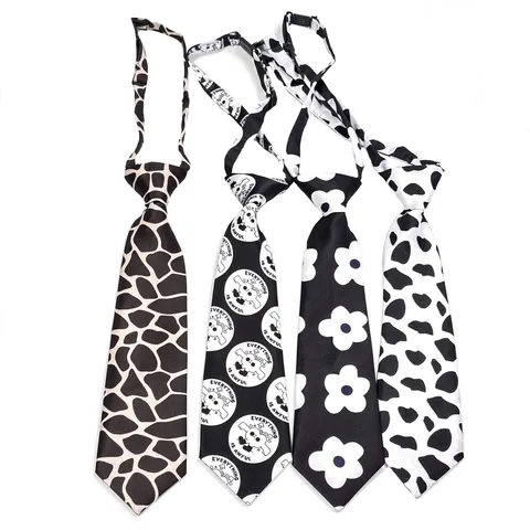 Kids Cute Pre Tied Short Necktie Black And White Animal Cartoon Floral Print Student Fashion Neck Tie Accessory